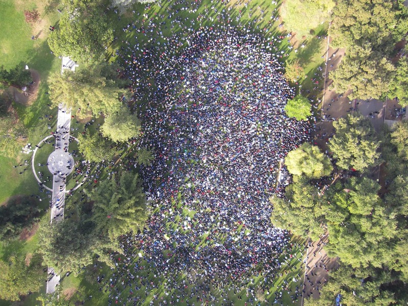 An aerial photograph of the UC Davis protests following the pepper-spraying
