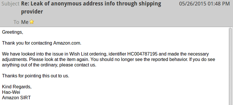 Amazon wish list anonymous address